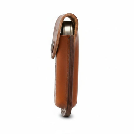 Razor Sharp AZ brown leather Trapper sheath holding a folding knife, viewed from the side.