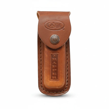 Razor Sharp AZ brown leather Trapper knife sheath with embossed logo and snap button closure