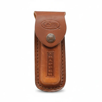 Razor Sharp AZ brown leather Trapper knife sheath with embossed logo and snap button closure