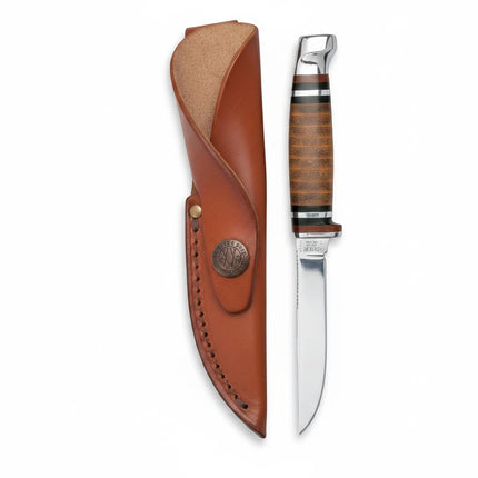 Razor Sharp AZ Buffalo Horn Mini FINN Hunter fixed blade knife with polished leather handle and brown leather sheath. Stainless steel blade.