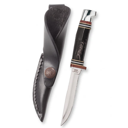 Razor Sharp AZ Case Buffalo Horn Mini FINN hunter knife with stainless steel blade and black leather sheath