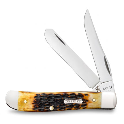 Razor Sharp AZ Case Rogers jigged burnt amber bone mini trapper folding knife with two carbon steel blades