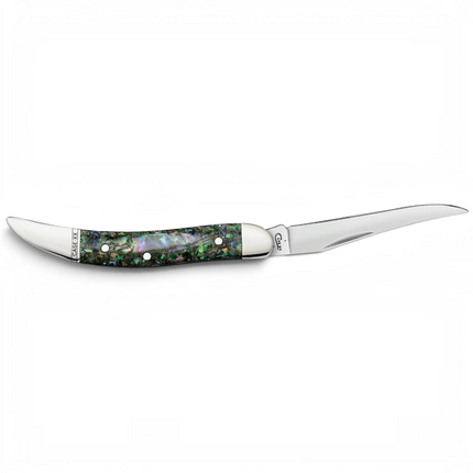 Razor Sharp AZ Case Abalone Small Texas Toothpick knife with a mirror-polished stainless steel long clip blade.