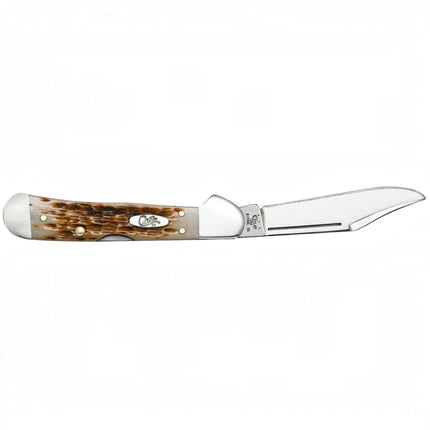 Razor Sharp AZ Case Mini CopperLock pocket knife with a peach seed jigged amber bone handle and polished steel blade.