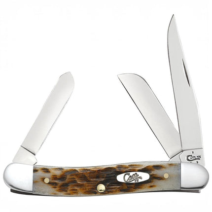 Razor Sharp AZ Case Medium Stockman knife with amber bone handle, peach seed jig, and three polished steel blades.