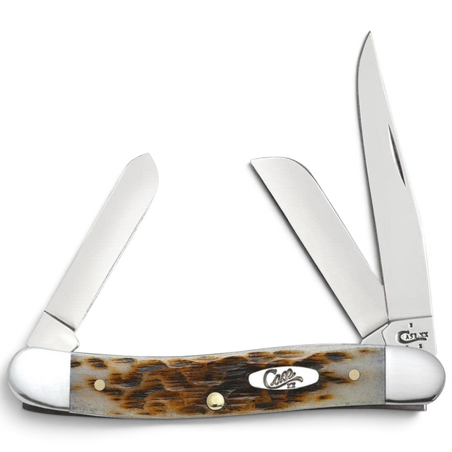Razor Sharp AZ Case Medium Stockman knife with amber bone handle, peach seed jig, and three polished steel blades.