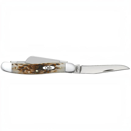 Razor Sharp AZ Case Medium Stockman knife with amber bone handle, peach seed jigging, and polished stainless steel blades