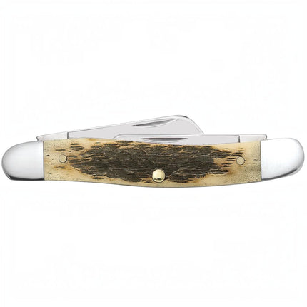 Razor Sharp AZ Case Medium Stockman knife with peach seed jig amber bone handle and mirror-polished carbon steel blades