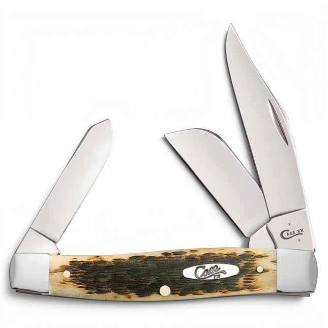 Razor Sharp AZ Case Peach Seed Jig Amber Bone Large Stockman pocket knife with three mirror-polished chrome blades.