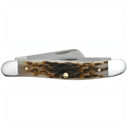Razor Sharp AZ Case Medium Stockman knife with amber bone handle, peach seed jig texture, and stainless steel blades.