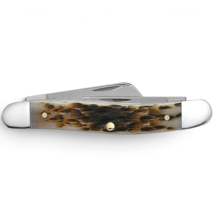 Razor Sharp AZ Case Medium Stockman knife with amber bone handle, peach seed jig texture, and stainless steel blades.
