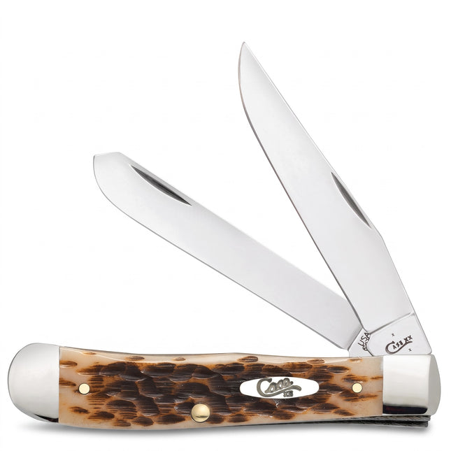 Razor Sharp AZ Case Trapper knife with peach seed jigged amber bone handle and two polished stainless steel blades