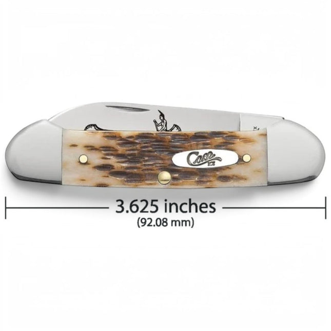 Razor Sharp AZ Case Amber Jigged Bone Canoe pocket knife with Indian in canoe etching and nickel silver bolsters.