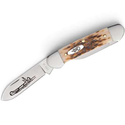 Razor Sharp AZ Case Amber Jigged Bone Canoe pocket knife with Indian in canoe etching on the spear blade