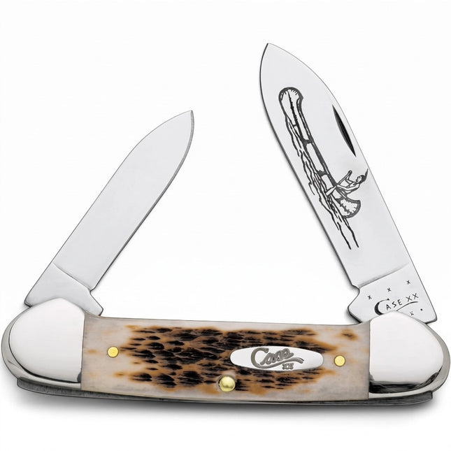 Razor Sharp AZ Case Amber Jigged Bone Canoe pocket knife with Indian in canoe blade etching and nickel silver bolsters
