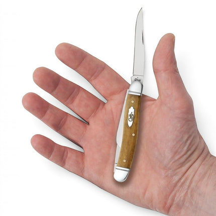 Razor Sharp AZ Case Medium Stockman pocket knife with a smooth antique bone handle held in a person's palm.