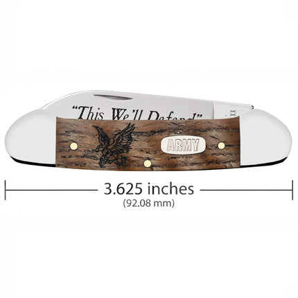 Razor Sharp AZ Case U.S. Army Canoe pocket knife with smooth natural curly oak handle and engraved steel blades