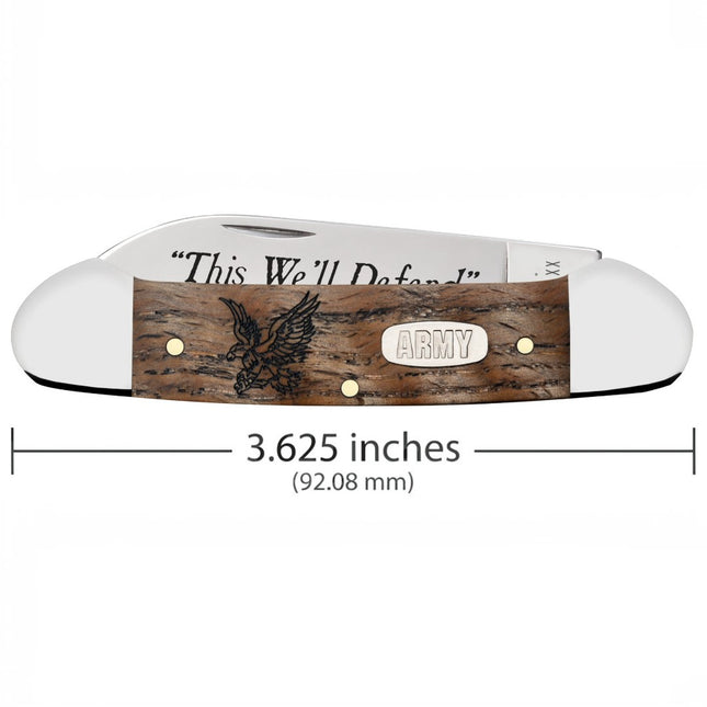 Razor Sharp AZ Case U.S. Army Canoe pocket knife with smooth natural curly oak handle and engraved steel blades