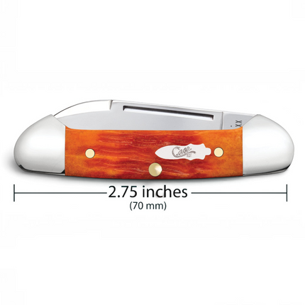 Razor Sharp AZ Case Baby Butterbean folding knife with orange and red jigged bone handle and mirror-polished blades