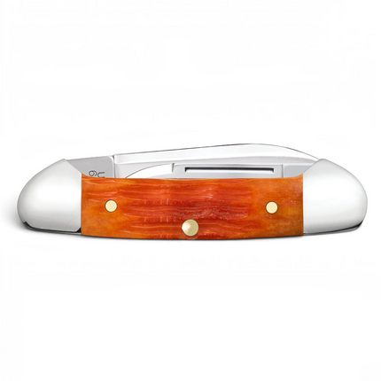 Razor Sharp AZ Case Crandall Baby Butterbean folding knife with orange and red jigged bone handle and steel blades