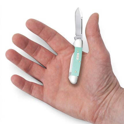Razor Sharp AZ Case Baby Butterbean knife with seafoam green G-10 handle and Ichthus shield held in a palm