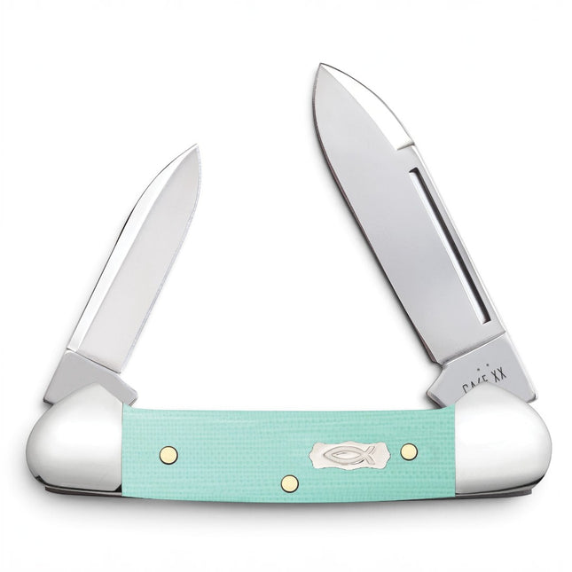 Razor Sharp AZ Case Baby Butterbean knife with seafoam green G-10 handle, Ichthus shield, and two stainless blades.