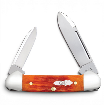 Razor Sharp AZ Case Crandall Baby Butterbean folding knife with orange and red jigged bone handle and dual steel blades