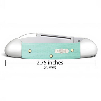 Razor Sharp AZ Case Baby Butterbean knife with seafoam green G-10 handle and Ichthus shield, 2.75 inches closed.