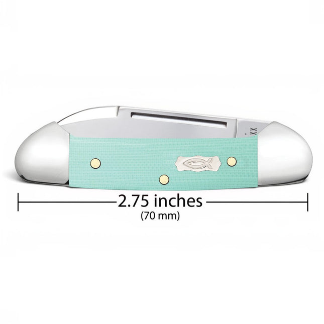 Razor Sharp AZ Case Baby Butterbean knife with seafoam green G-10 handle and Ichthus shield, 2.75 inches closed.
