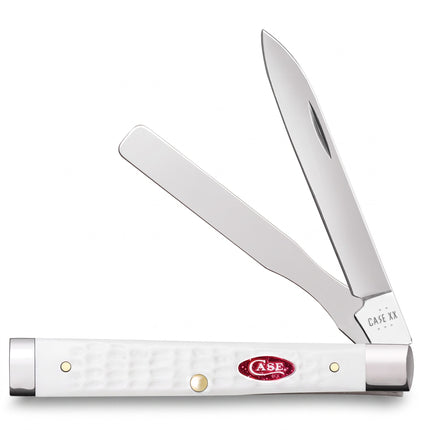Razor Sharp AZ Case Baby Doc pocket knife with white jigged synthetic handle, spear blade, and spatula blade.