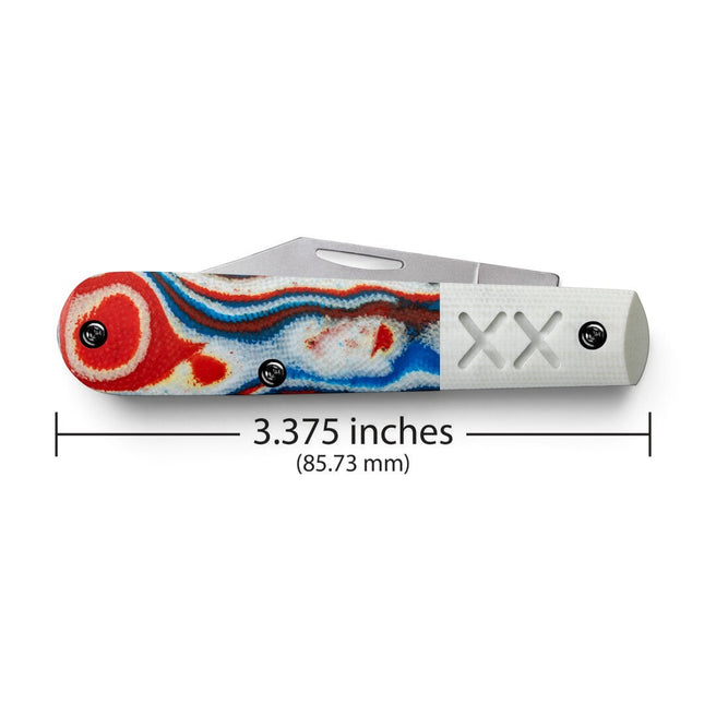 Razor Sharp AZ Case Crossroads Barlow knife with red, white, and blue burl G-10 handle and white XX bolster design.