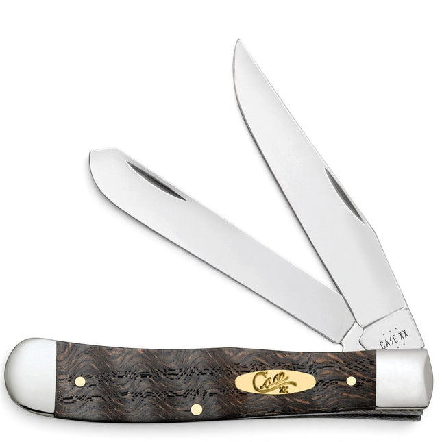 Razor Sharp AZ Case Smooth Black Curly Oak Wood Trapper pocket knife with two polished steel blades and brass shield.