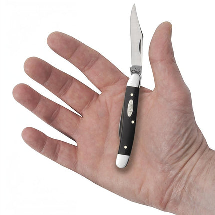 Razor Sharp AZ Case Jet-Black Synthetic Medium Jack pocket knife with two polished steel blades held in a hand