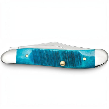 Razor Sharp AZ Case Peanut knife with Caribbean blue sawcut jig bone handle and polished stainless steel blades.
