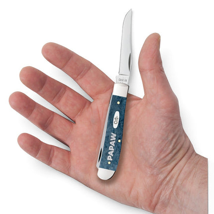 Razor Sharp AZ Case Mediterranean Blue bone mini trapper pocket knife with Papaw engraving held in a palm