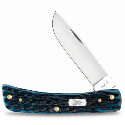 Razor Sharp AZ Case Sod Buster Jr knife with Mediterranean blue bone handle, peach seed jigging, and polished blade.
