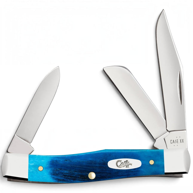 Razor Sharp AZ Case Medium Stockman pocket knife with Caribbean blue sawcut jigged bone handle and three steel blades.