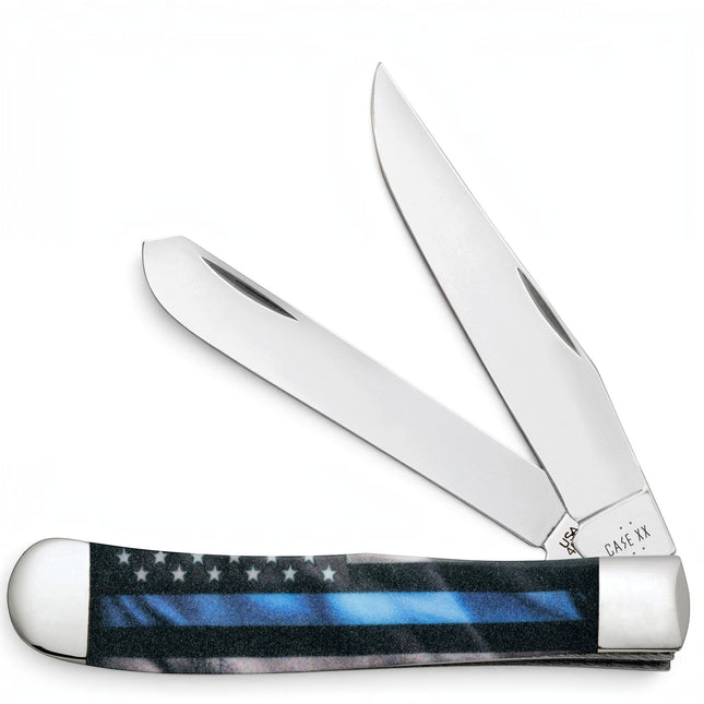 Razor Sharp AZ Case Stripes of Service Blue Line Trapper pocket knife with mirror-polished stainless steel blades