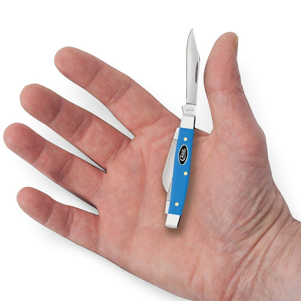 Razor Sharp AZ Case Small Stockman pocket knife with a light blue synthetic handle held in a person's palm.