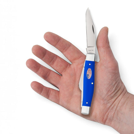 Razor Sharp AZ Case Royal Blue synthetic pocket knife with three stainless steel blades held in a person's palm.