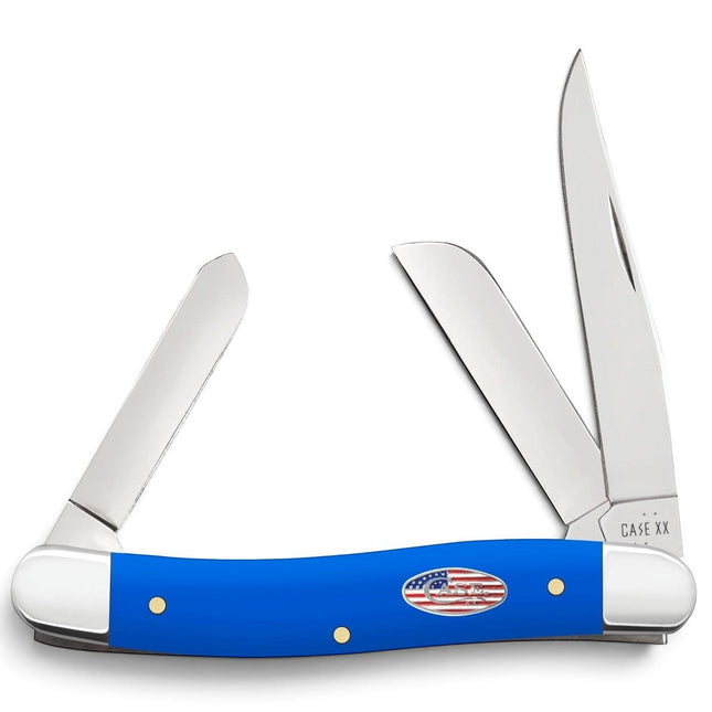 Razor Sharp AZ Case Medium Stockman pocket knife with royal blue synthetic handle and three stainless steel blades.