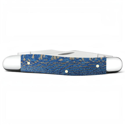 Razor Sharp AZ Case Muskrat folding knife with a blue sycamore wood handle and mirror-polished stainless steel blades.