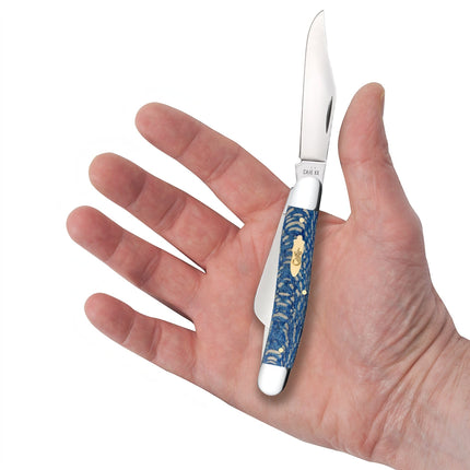 Razor Sharp AZ Case Stockman pocket knife with a blue sycamore wood handle and polished stainless steel blades.