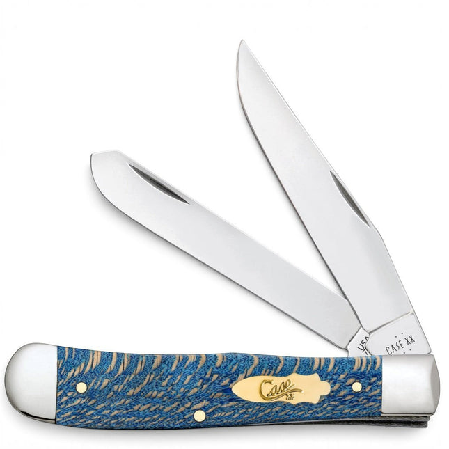 Razor Sharp AZ Case Trapper knife with smooth blue sycamore wood handle, nickel-silver bolsters, and two steel blades.