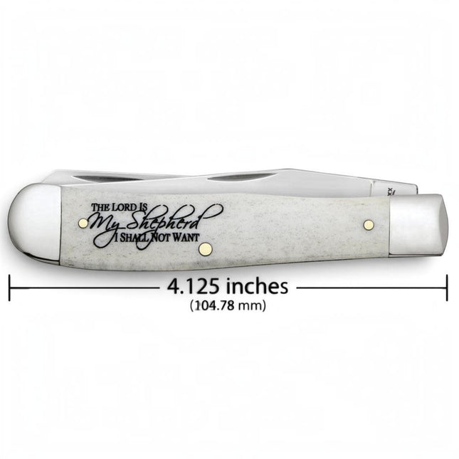 Razor Sharp AZ Case Trapper knife with smooth natural bone handle featuring Psalm 23 scripture engraving