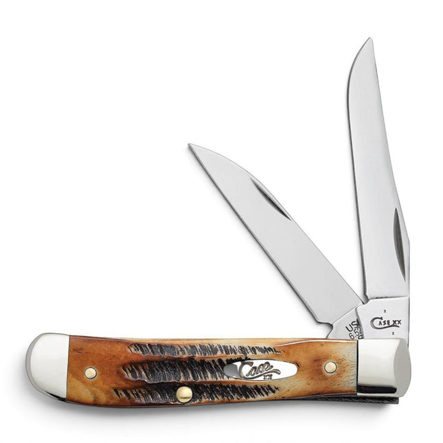 Razor Sharp AZ Case 6.5 BoneStag Mini Trapper folding knife with jigged honey and amber bone handle and dual blades.