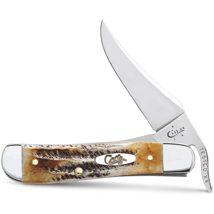 Razor Sharp AZ Case 6.5 BoneStag RussLock folding knife with a mirror-polished stainless steel clip blade.