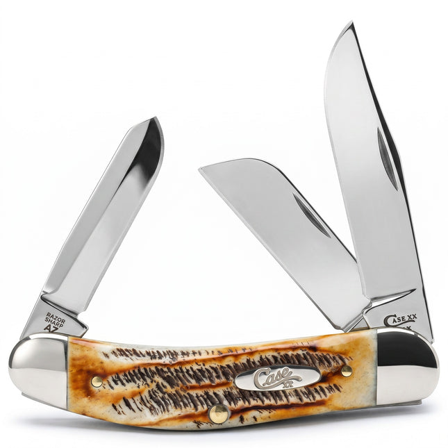 Razor Sharp AZ Case 6.5 BoneStag Sowbelly pocket knife with three mirror-polished stainless steel blades and bone handle