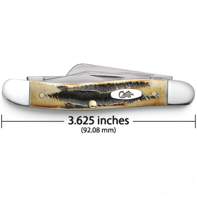 Razor Sharp AZ Case 6.5 BoneStag Medium Stockman pocket knife with honey and amber jigged bone handle and three blades.