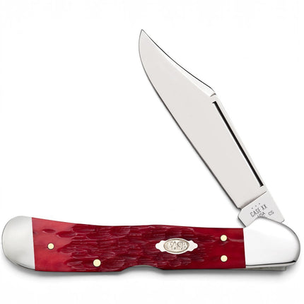 Razor Sharp AZ Case CopperLock pocket knife with dark red bone peach seed jig handle and mirror-polished carbon blade